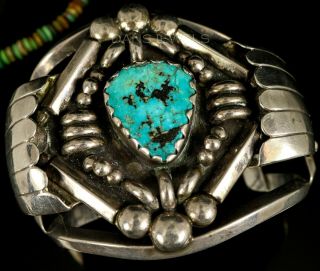 Big Vintage Navajo Old Pawn Morenci Turquoise Heavy Sterling Bracelet