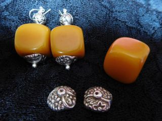3 Large Art Deco Honey Amber Bakelite Beads Earrings,  Spare Pendant,  Silver