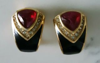 Vintage Christian Dior Germany Clip On Earrings Black Enamel Rhinestones Glass