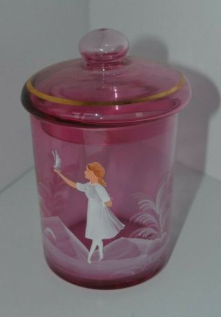 Vintage Hand Painted Mary Gregory Covered Biscuit Jar Cranberry Red Glass