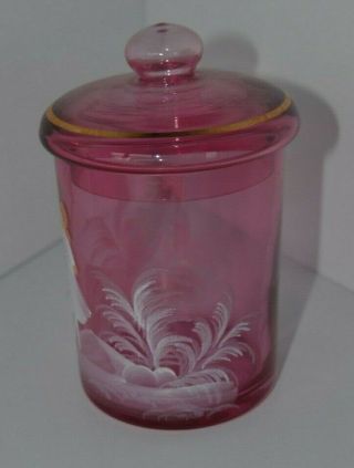 Vintage Hand Painted Mary Gregory Covered Biscuit Jar Cranberry Red Glass 2