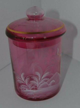 Vintage Hand Painted Mary Gregory Covered Biscuit Jar Cranberry Red Glass 3