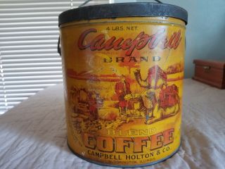 Vtg Campbell Brand Coffee Tin 4 Lb Can & Lid Bloomington Il Yellow Gold Red