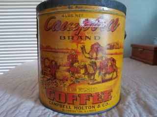 Vtg CAMPBELL BRAND COFFEE TIN 4 lb CAN & Lid Bloomington IL Yellow Gold Red 2
