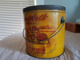 Vtg CAMPBELL BRAND COFFEE TIN 4 lb CAN & Lid Bloomington IL Yellow Gold Red 3