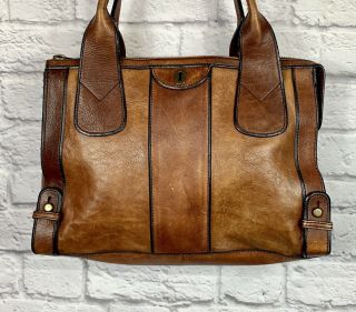 FOSSIL Brown Leather Brass Vintage Reissue VRI Satchel Bag Tote Zipper Purse 2