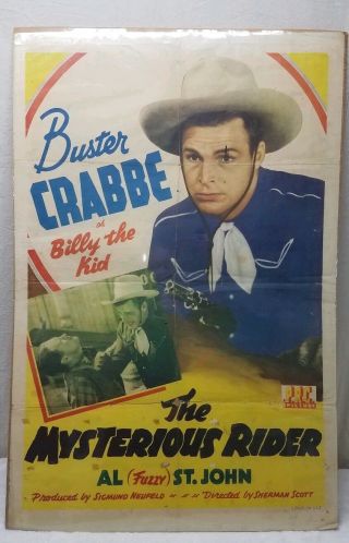 Vintage Poster One Sheet Buster Crabbe As Billy The Kid In The Mysterious Rider