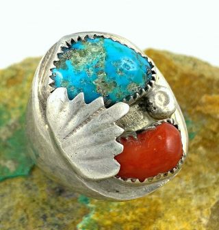 Large Vintage Navajo Sterling Silver Kingman Turquoise & Coral Mens Ring Sz 10.  5
