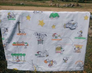 Vintage Snoopy World Travels The Usa Flat Sheet Only Bed Sheet,  Projects Crafts