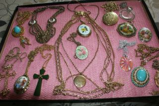 Vintage/estate 15 Pc Locket And Necklace Costume Jewelry Florenza,  France