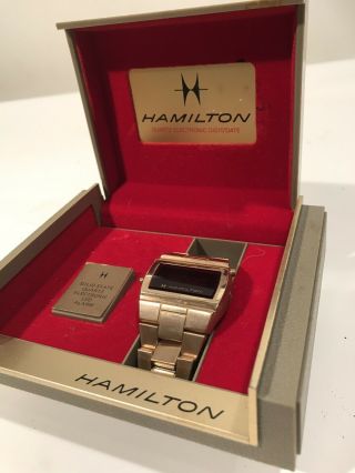 Vintage Hamilton Led Quartz Electronic Stainless Steel Mens Watch W/ Box 10k Gf
