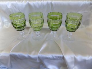 Vintage Emerald Green Bohemian/czech Cut To Clear Crystal Wine Glasses Hermitage