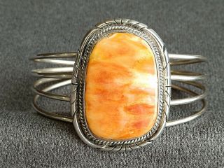 Vintage Navajo Sterling Silver Orange Spiny Oyster Cuff Bracelet Signed Rs