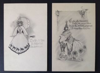 Vintage Halloween Postcards (2) Gartner & Bender - Cute Witches,  Wonderful Moons