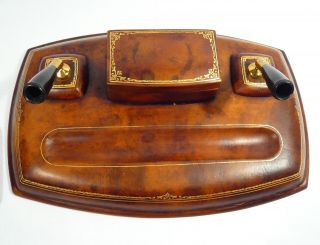 Vintage ASPREY & Co.  London Leather 2 Pen Desk Set w/ Blotter & Note Pad 3