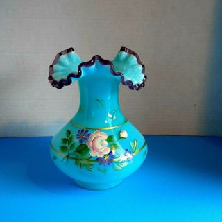 Vtg Fenton Turquoise Hand Painted Ruffled Vase Signed By George W & Nancy Fenton