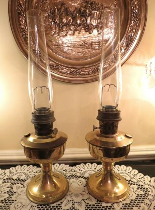 Vintage Matching Pair Aladdin Brass Oil Lamps No.  23 Burner Glass Chimneys