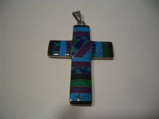 Vintage Sterling Silver Signed Cii Mexico Multi Stone Inlay Cross 2.  5 "