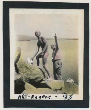 Skinny Dipping Young Man Caught Sunbathing Nude Vtg Color Tinted Photo Gay Int