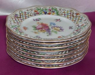 Vintage Shumann Dresden Porcelain 8 Hand Painted Reticulated Plates