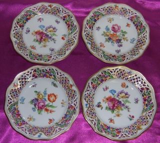 Vintage Shumann Dresden Porcelain 8 Hand Painted Reticulated Plates 2