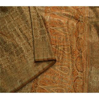Sanskriti Vintage Brown Heavy Saree Pure Satin Silk Zari Woven Craft Fabric Sari 2