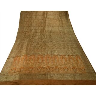 Sanskriti Vintage Brown Heavy Saree Pure Satin Silk Zari Woven Craft Fabric Sari 4