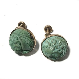 Vintage 14k Yellow Gold Screw Back Earrings Green Carved