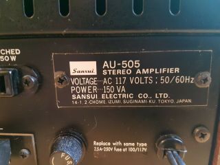 Vintage SANSUI AU - 505 Integrated Amplifier -,  Serviced,  8/10 Cosmetics 4
