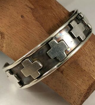 Gorgeous Vintage Taxco Sterling Silver Thick Handcrafted Cross Cuff Bracelet 40g