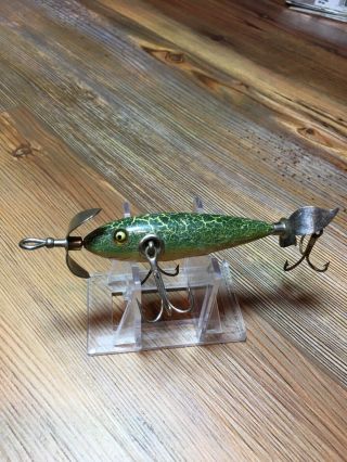 Vintage Fishing Lure Heddon Wooden Minnow Glass Eye Crackle Back Color Early