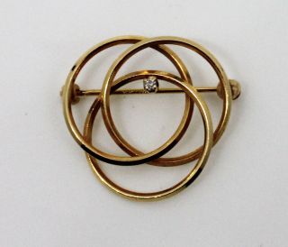 Estate Three Intertwined Circles Eternity 14k Solid Yellow Gold Pin Diamond Chip