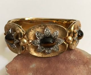 Vintage Josef Mazer Gold Tone Rhinestone Tiger’s Eye Clamper Bracelet