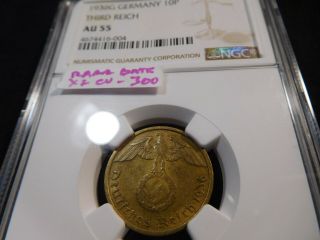 R347 Germany Third Reich 1936 - G 10 Pfennig Ngc Au - 55 Rare Date Cv Xf=$300