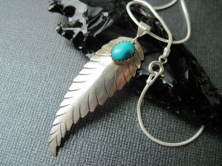 Vintage Navajo Turquoise & Sterling Silver Feather Pendant On A Silver Necklace