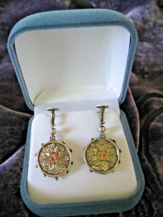 Victorian British Silver & Rose Gold Drop Earrings With Screw Backs,  Gift Box