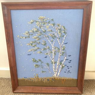 Vtg Crewel Embroidery Framed Autumn Birch Wind Crows Tree 1970s Large 19 X 23