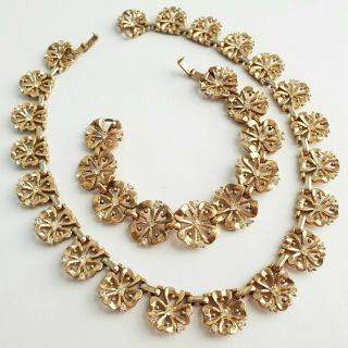 Sign Copr Trifari Pat Pend Vtg Gold Tn Crystal Flower Necklace Bracelet Set T27