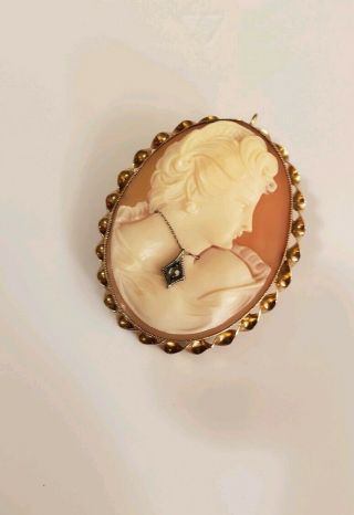Antique Shell Cameo Pendant/ Pin 10 K Gold Frame Lady With Diamond Necklace