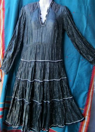Vintage Hippie Gypsy Boho Drop Waist Sheer Gauze Black Dress W/silver Threading
