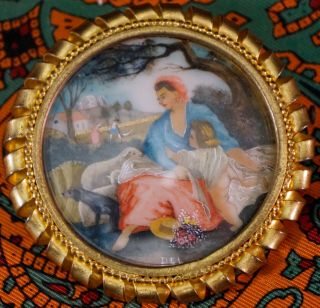 Round Portrait Painting Brooch / Pin Gilded Frame Lady & Baby Lambs Etc Signed