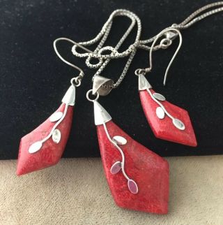 Vintage Jewellery Sterling Silver And Real Red Coral Pendant And Earring Set