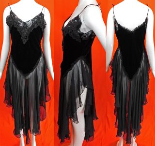 Vintage 1920s Style Black Velvet Lace Camisole Top Silk Handkerchief Skirt Dress