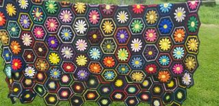 Vtg Handmade Large Hexagon Granny Square 3d Daisy Crochet Afghan Blanket 80x85