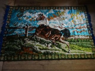 Large Vtg Velvet Wall Hanging Tapestry Rug Western Horses Rodeo Mustang Theme