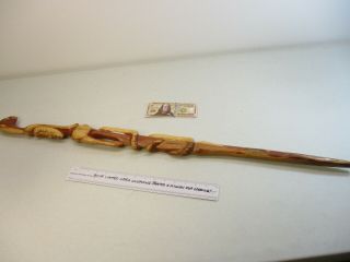 Wooden Walking Stick,  Folk Art Carved Inca Look Face,  W/ Snake Raised Relief 38 "