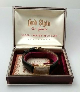 Vintage Lord Elgin 14k Gf Wristwatch W/ Box & Papers,  21 Jewels