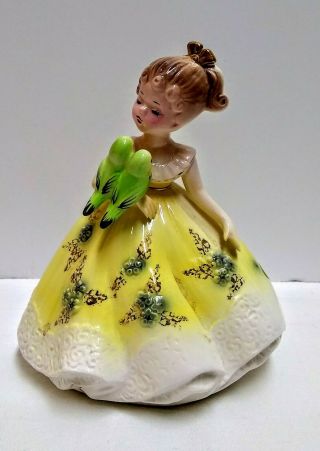 Vintage Josef Originals Figurine Girl With 2 Parakeets.