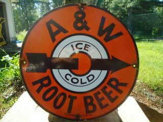 Vintage " Ice Cold " A&w Root Beer Porcelain Advertising Sign Soda Pop