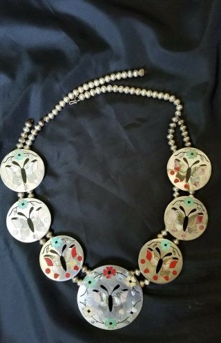 Zuni Gsb,  Sterling,  Multi Stone Inlay,  Vintage,  Butterfly,  Necklace